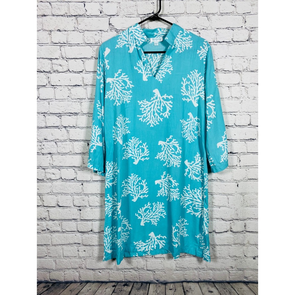 Escapada Dress Womens M Blue White Coral Print Tunic 3/4 Sleeve Coastal EXCL